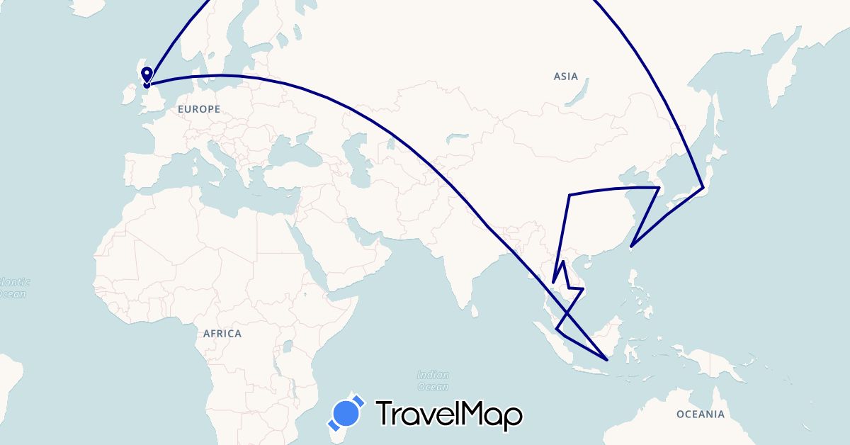 TravelMap itinerary: driving in China, United Kingdom, Indonesia, Japan, Cambodia, South Korea, Laos, Malaysia, Nepal, Singapore, Thailand, Taiwan, Vietnam (Asia, Europe)